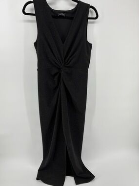 Nicole Miller Elegant Metallic Black Twist-Front V-Neck Evening Dress Front Slit